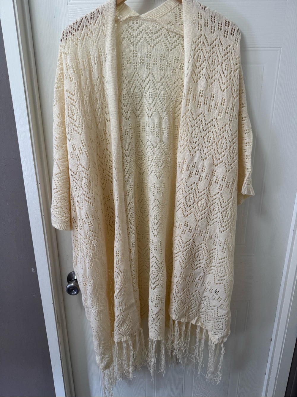 Cream Crochet Fringe Kimono Cardigan